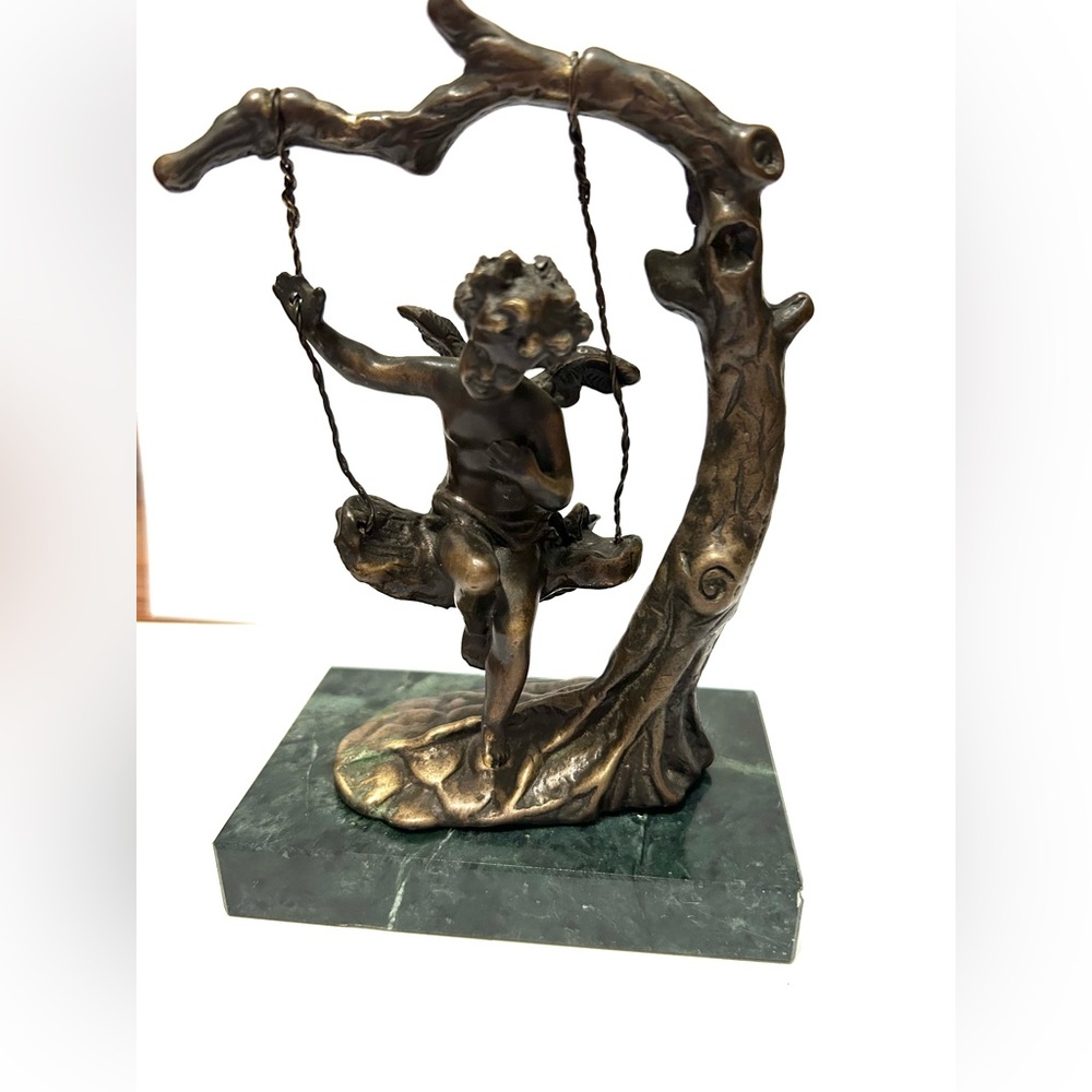Bronze Angel Cherub on Swing Sculpture